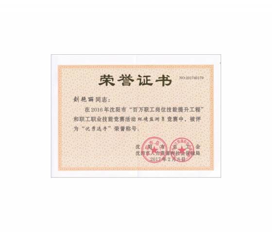 刘艳丽获得优秀选手荣誉称号